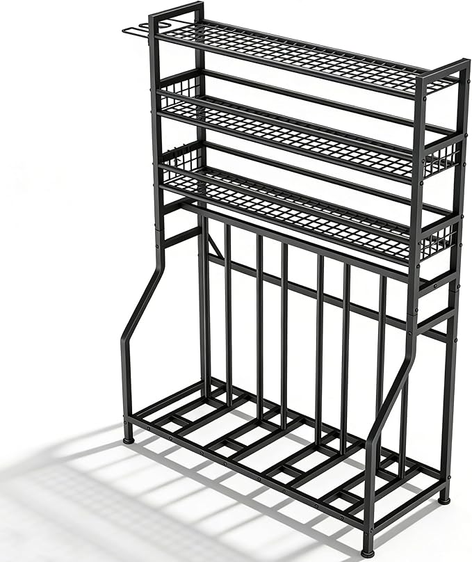 YOHKOH Bike Rack Garage, 4 Bike Stand with 3-Tier Storage Shelves & Side Holder, Heavy-Duty Bicycle Storage Rack for Garage Organizer, Adjustable Slots, 47.2" W x 22" D x 63" H