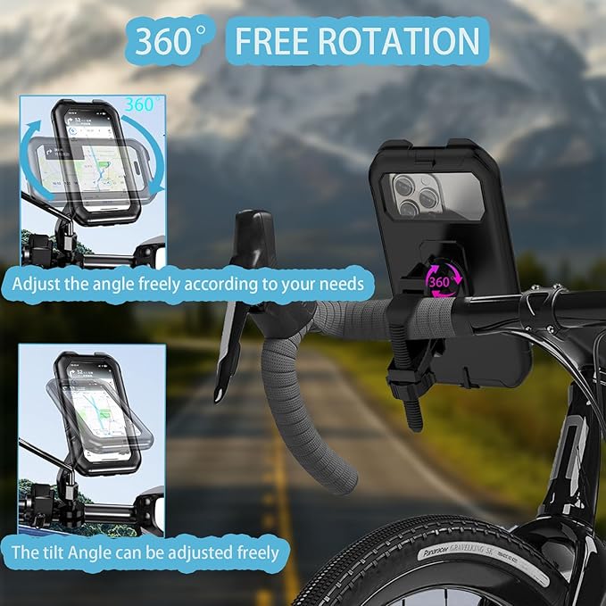 Motorbike Phone Holder Waterproof with USB Sockets - 360° Rotatable Adjustable Bike Phone Mount with Fully Enclosed Design, Access for 4-7" Smartphone