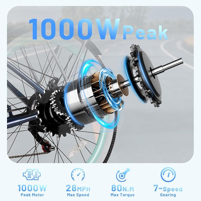 26'' Electric Bike, Peak 1000W Motor 28MPH, 48V 16AH Removable Battery 85Miles, Step Thru City Cruiser Ebike, Lightweight Commuter E-Bike with Aluminum Frame,7-Speed, Full Suspension