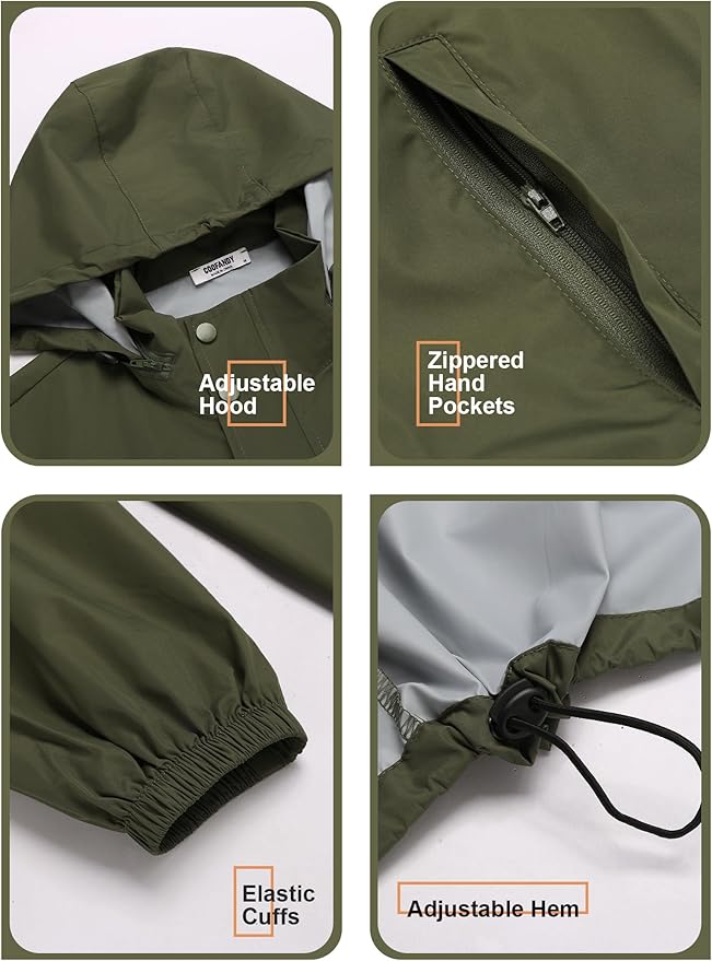 COOFANDY Men's Rain Jacket Waterproof Packable Raincoat Lightweight Rain Shell Hood Travel Golf Hiking Cycling Zip Pockets