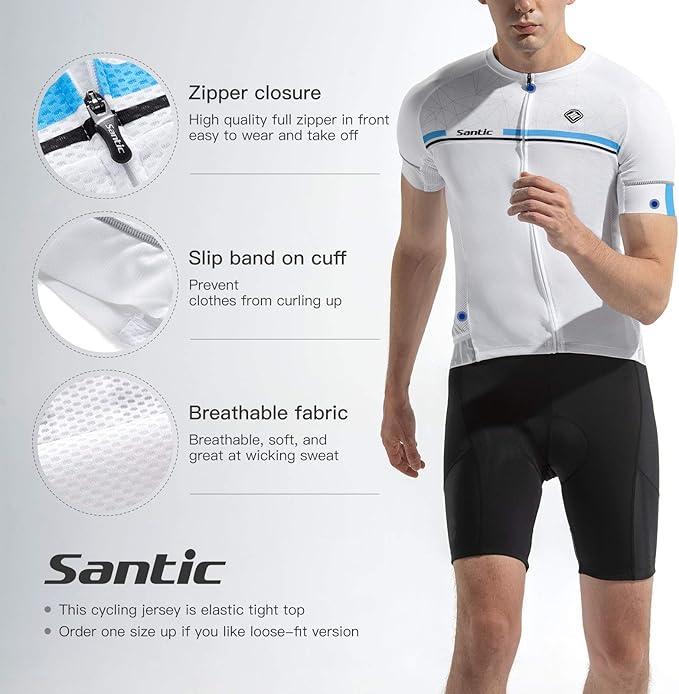 Santic Men's Cycling Jersey Short Sleeve Tops Pro Road Bike Shirt Full Zipper UPF 50+ MTB Jersey with Pockets