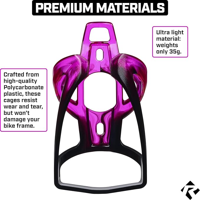 Revere Ultra-Light Bike Water Bottle Holder – Durable Bicycle Bottle Cage for Road, MTB, & Mountain Bikes – 2-Pack with Screws & Installation Tool – Premium Cycling Accessories (Purple/Black)