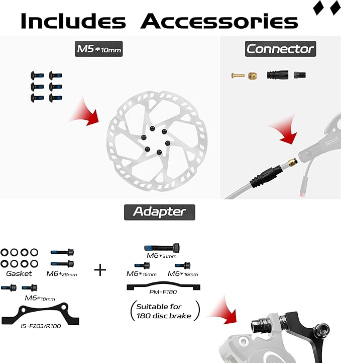 E-Bike Hydraulic Disc Brake Set 4-Pistons/2-Pistons,2-PIN/3-PIN Pre-Bled with Mineral Oil Brakes Kit,Front and Rear Set,180mm 2.3mm Thick Rotors