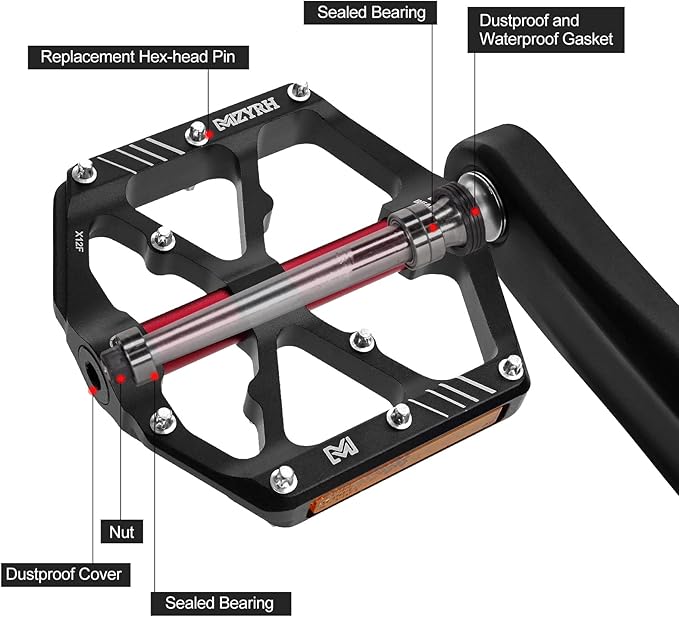 MZYRH 3 Bearings Mountain Bike Platform Pedals - Flat Alloy 9/16" Non-Slip Bicycle Pedals