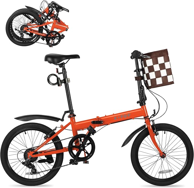 20 Inch Folding Bike for Adults, 7 Speed Foldable Bike with Basket, Lightweight Folding Bicycle with Adjustable Seat & Front and Rear V-Brakes (Orange)