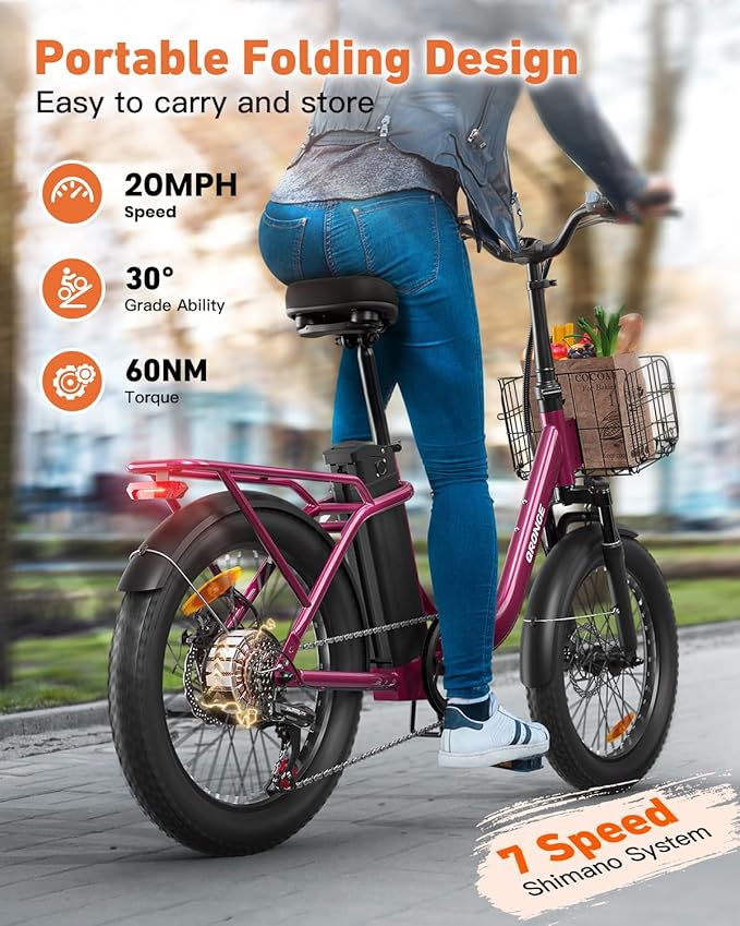 Electric Bike, 1000W Peak Folding Electric Bike, 486Wh 70 Miles Range Ebike, 20" Step-Thru Bicycle with Front Basket, Waterproof Removable Battery, 7 Speed, 25 MPH Max
