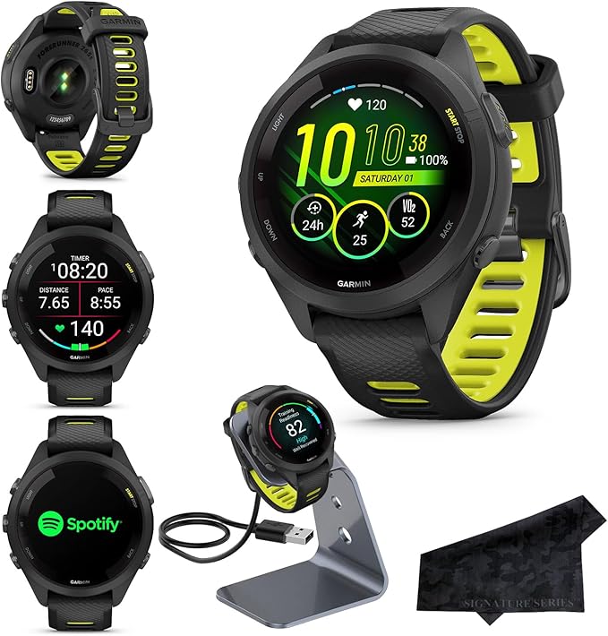Garmin Forerunner 265S Advanced Multisport Touchscreen Smartwatch, Black | Heart Rate Monitor, Training Stats, Daily Suggested Workouts, Up to 15 Day Battery Life with Signature Series Charging Bundle