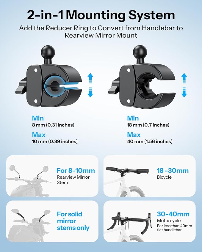 OMOTON BK01 Anti-Vibration Bike Phone Holder for Rearview Mirror & Handlebar, Shockproof Motorcycle Phone Mount with Quick Lock, Fit iPhone & All Android Phone for Electric Scooter/E-Bike/Stroller