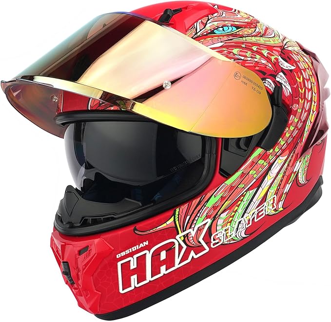 HAX Obsidian Pro Full Face Dual Visor Adult Motorcycle Helmet for Motorbike Street Bike with Pinlock Ready DOT Approved Slyer Red M