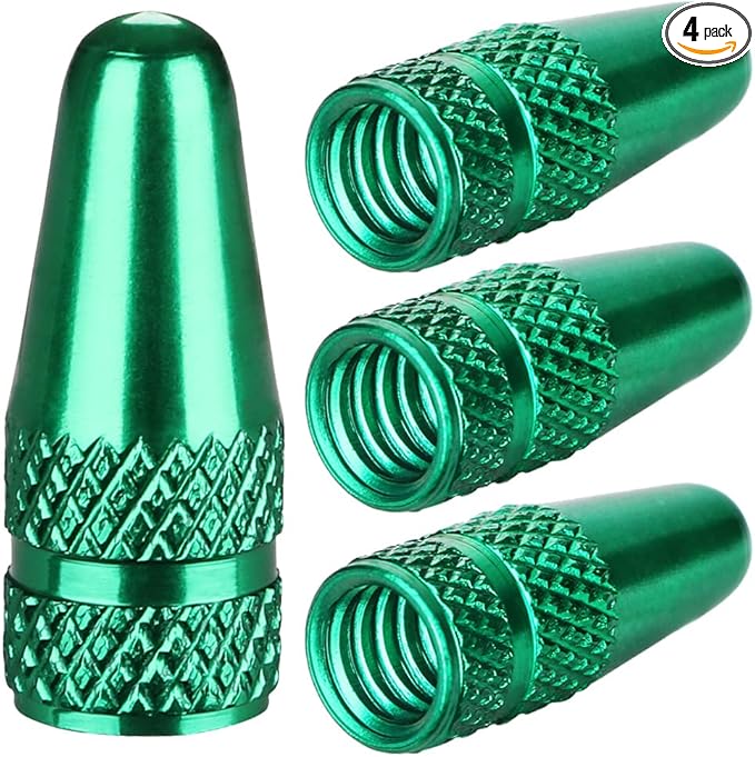 Aluminum Presta Valve Stem Caps – Green Tire Air Dust Covers for Bike (4 Pack) – Fit French Valves on Road, MTB, Hybrid, Racing, Fitness, Folding & Fat Bikes