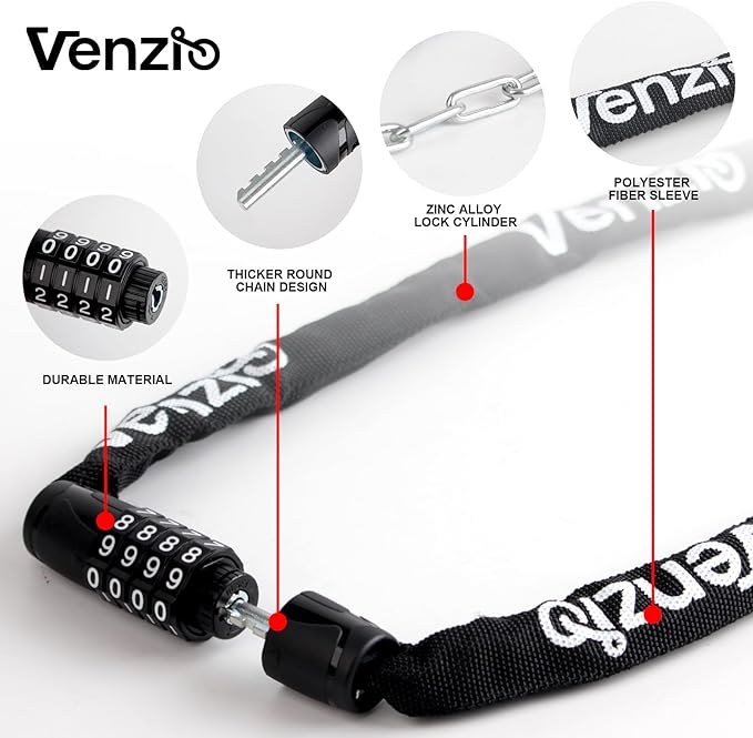 Venzio 4-Digit Combination Bike Chain Lock, Keyless 4mm x 900mm (3FT) Anti-Theft Security Lock for Bicycle, E-Bike, Scooter, Fence, Gate, Door, with Zinc Alloy Core & Fabric Sleeve
