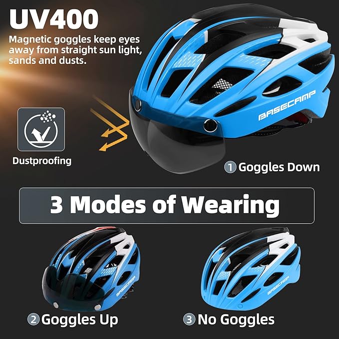Bike Helmet, Basecamp Bicycle Helmet with Rear Light & Detachable Magnetic Goggles Lightweight Cycling Helmet Adjustable for Adult Men Women Mountain & Road (BC-069)