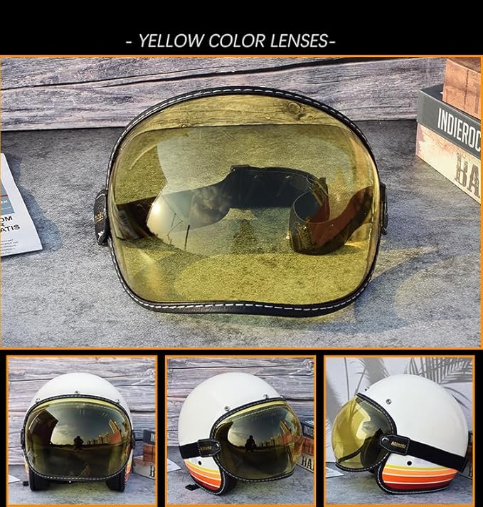 Universal Open Face 3/4 Helmet Visor Lens Bubble Motorcycle Windshield Capacete Lens Vintage Motorbike Helmet Goggles (Yellow)