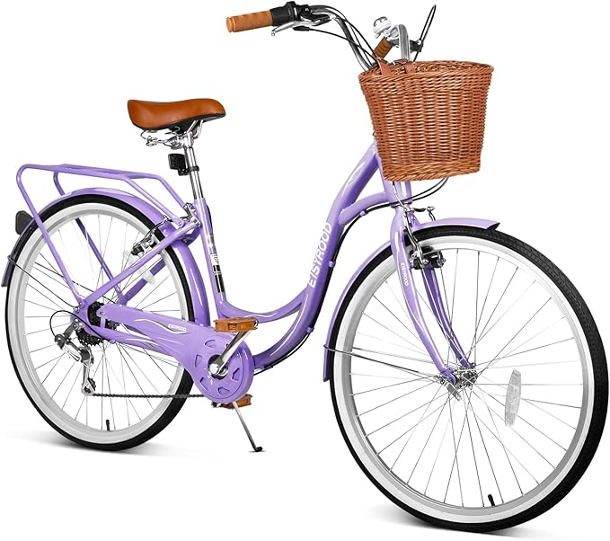 26 Inch Folding Beach Cruiser Bike for Women, 7-Speed Ladies Bike with Basket & Rack, Perfect for City Commuting's Bicycle, Ideal for Women and Adults
