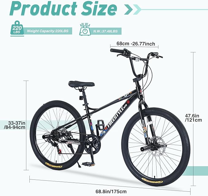 Freestyle Teen Bike Double Disc Brakes 26 inch BMX Bike High-Aluminum/Carbon Steel Frame, for for Teen Bike and Adult Bikes, with 2 Pegs, Bicycles for Men and Women, Multiple Colors