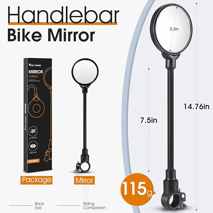 West Biking Bike Mirror Handlebar Mount, Adjustable Rotatable Bicycle Rear View Mirror, Wide Angle Acrylic Convex Safety Mirror for Mountain Road Bike