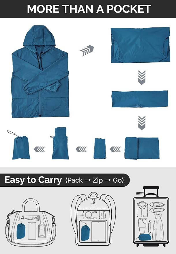 Zando Packable Mens Rain Jacket Lightweight Raincoat Waterproof with Hood Outdoor Windbreaker Jacket Travel Rain Jackets