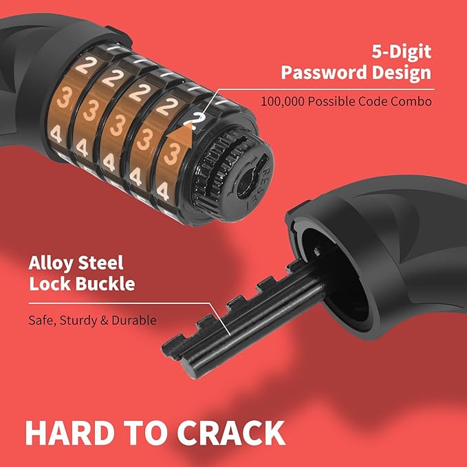 Bike Chain Lock 3.2Ft Long High Security Heavy Duty Anti Theft, 5 Digit Combination Resettable Keyless Bicycle Lock for Bike/Electric Scooter/Ebike/Motorcycle(Red)