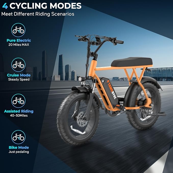 T63 Multi-Color Electric Bike for Adults & Teens, 1000W Peak Motor, 20MPH 468Wh Remove Battery,20"x4"Fat Tire Ebike, Moped Style Comfortable Electric Bikes,Long Seat E Bikes for All-Terrain