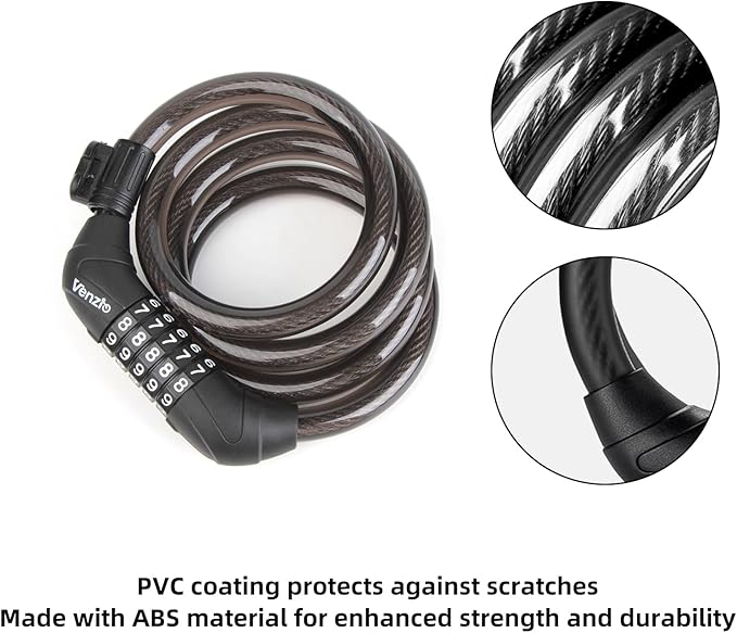 Venzio 4FT Bike Cable Lock, 12mm (1/2 inch) Self-Coiling Steel Cable with 5-Digit Combination Lock, Mounting Bracket, Heavy Duty Anti-Theft Design for Bicycle, Scooter, E-Bike, Fence, Outdoor Use