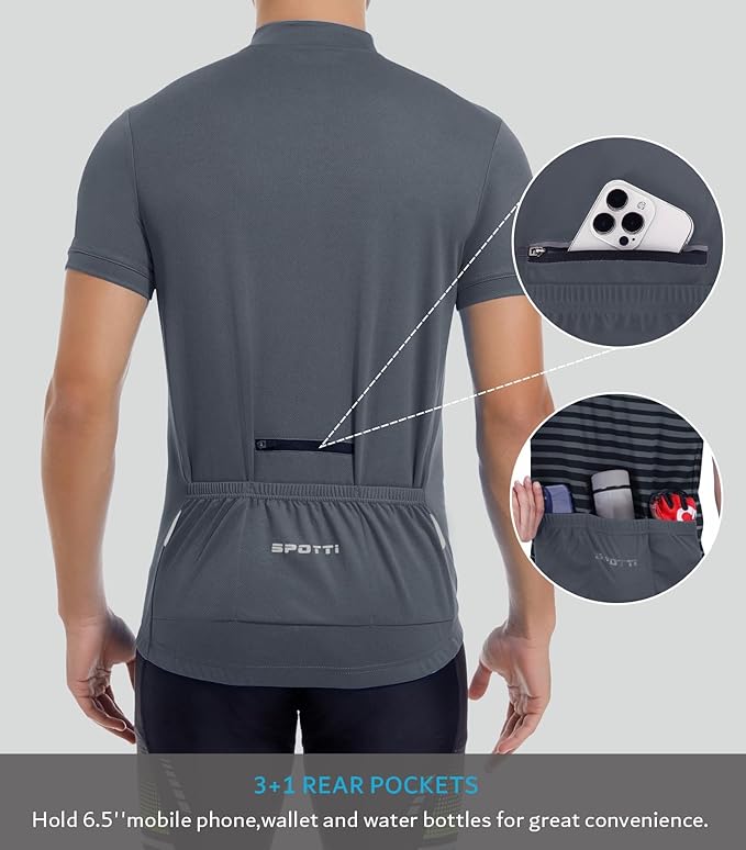 Spotti Men's Cycling Bike Jersey Short Sleeve with 3 Rear Pockets- Moisture Wicking, Breathable, Quick Dry Biking Shirt
