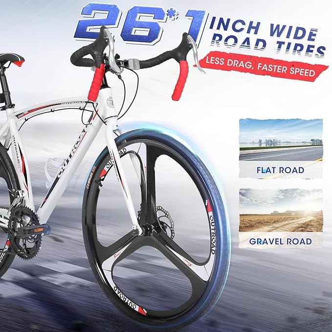 700C Lightweight Aluminum Road Bike – 14-21 Speed Commuter Bicycle with Dual Disc/V Brakes for Men & Women (Black, Red, Blue, White)