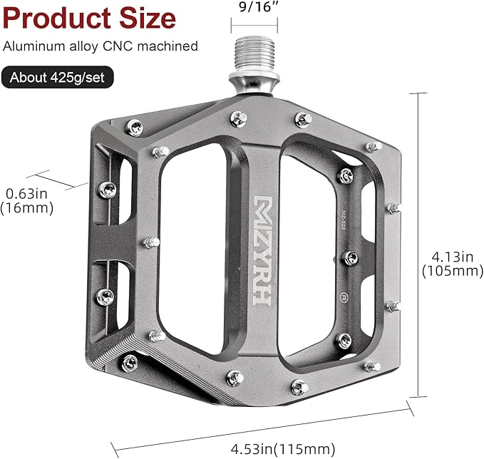 MZYRH Road/Mountain Bike Pedals MTB Pedals Aluminum Alloy Bicycle Pedals 9/16" Sealed Bearing Lightweight Platform for Road Mountain BMX MTB Bike