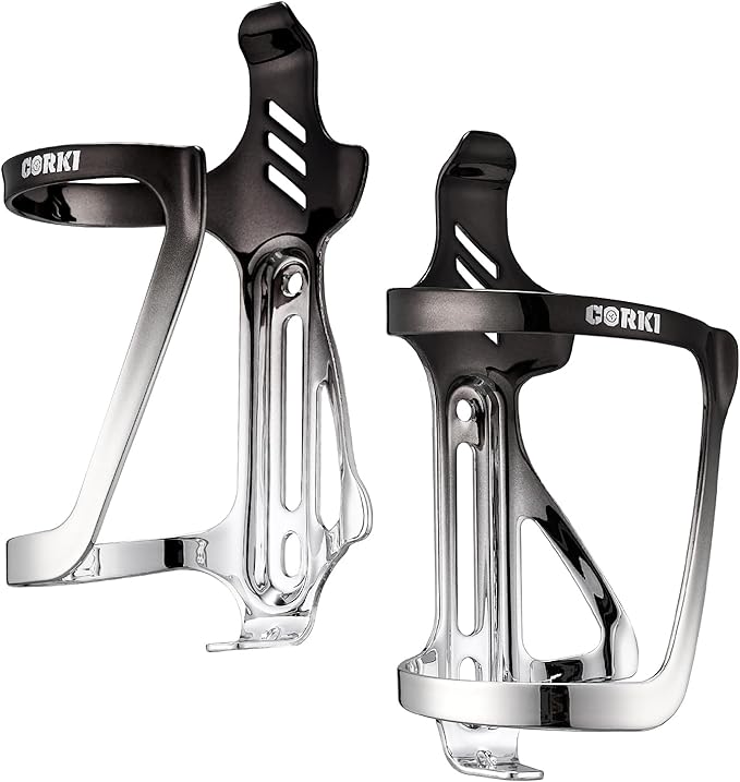 Corki Cycles Bike Water Bottle Holder Aluminum Alloy Side Load Water Bottle Cage, Right and Left Entry Bike Water Bottle Holder for Road & Mountain Bikes - Right Duo Pack - 2Pack - Black & Silver