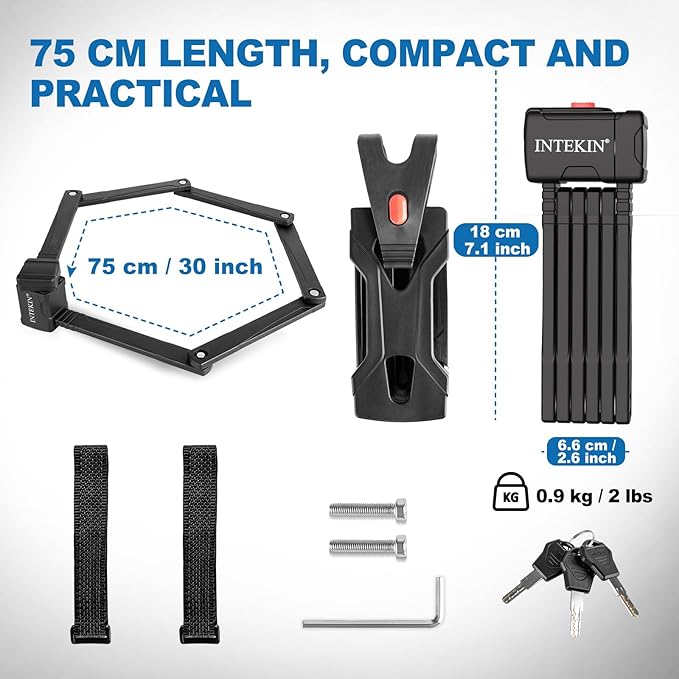 Compact Folding Bike Lock, Heavy Duty Bicycle Lock with 3 Keys and Mount, Lightweight Foldable Chain Locks for E-Bike, Motorcycles, Scooters - 75cm (30 in)