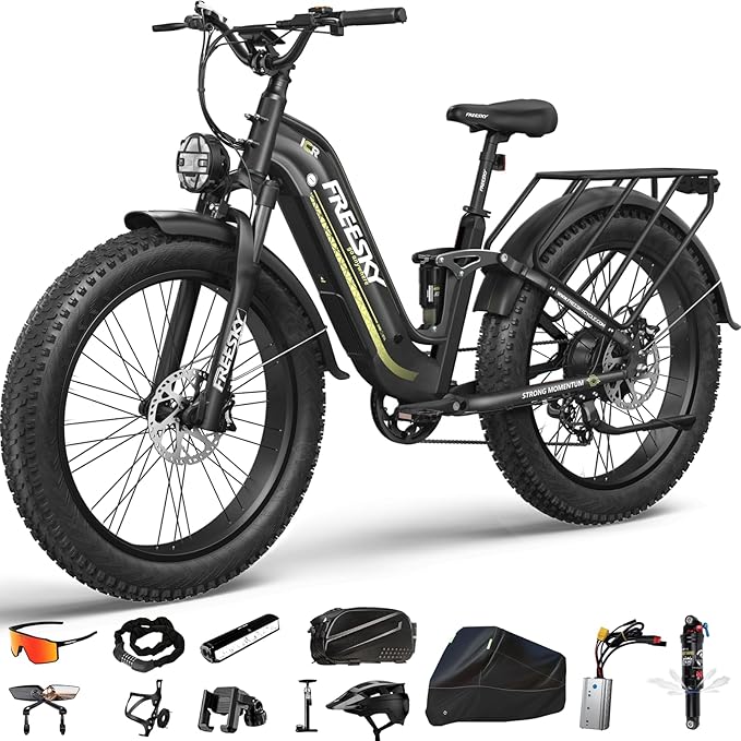 FREESKY Wildcat Ultra 3000W Electric Bike for Adults 105mile Long Range Step-Thru Ebike Motor 37MPH Dirt E Bike 25Ah Samsung Battery 26'' Fat Tire Electric Bicycle Full Suspension for Commute