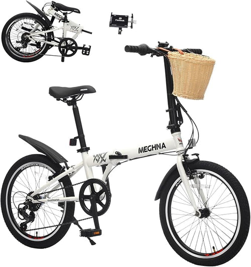 20 Inch Folding Bike with Phone Holder, Portable Folding Bikes with Basket & Fender, Steel Frame 6-Speed, V Brake, Lightweight Foldable Bicycle for Women Men City Commuter