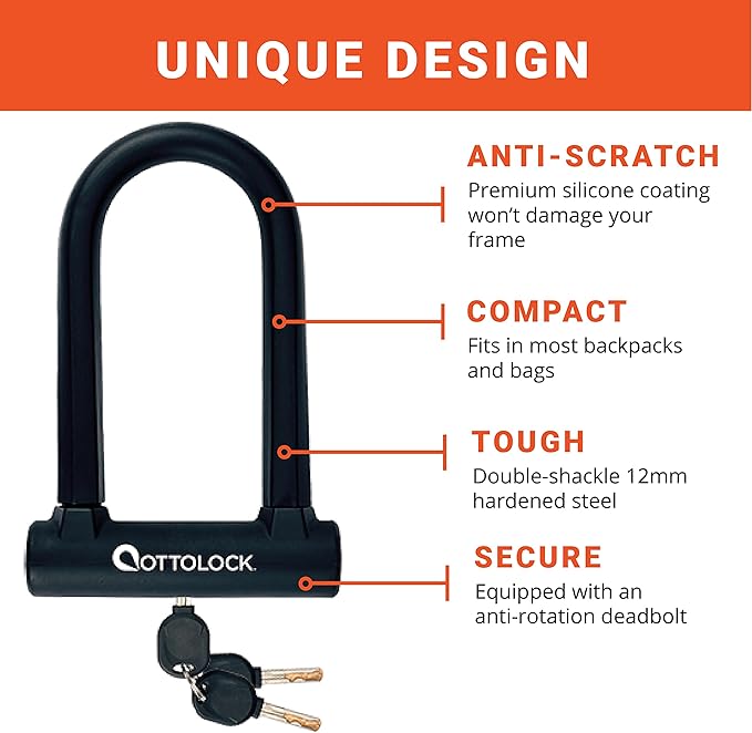 OTTOLOCK Sidekick Compact U-Lock - Heavy Duty Anti Theft Bicycle U-Lock with Keys, Silicone-Coated, Bike Accessories, Black