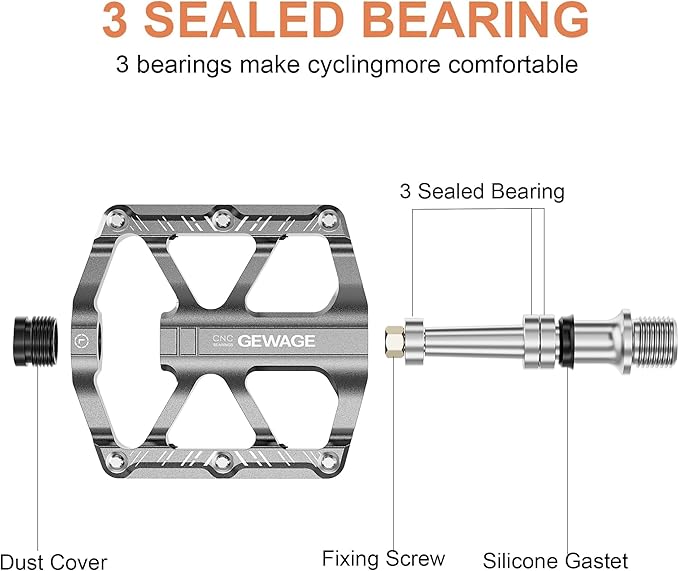 Mountain Bike Pedals - 3 Bearings Bicycle Pedals with Reflectors - 9/16” CNC Machined Flat Pedals with Removable Anti-Skid Nails for Road Mountain BMX MTB Bike