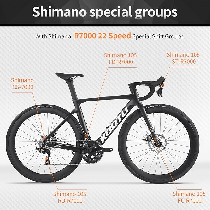 KOOTU Full Carbon Road Bike, T800 Carbon Fiber Frame Lightweight Racing Bicycle with 105 R7000 22 Speed Groupset and Wire-Pull Disc Brake for Adult