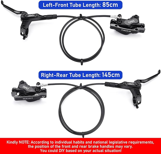 TOBWOLF Upgrade Four-Piston MTB Disc Brake Set, Hydraulic Brakes Kit with 160mm Rotors & Ceramic Brake Pads, Left Front 85cm & Right Rear 145cm Disc Brake Conversion Kit for Mountain Bike E-Bike