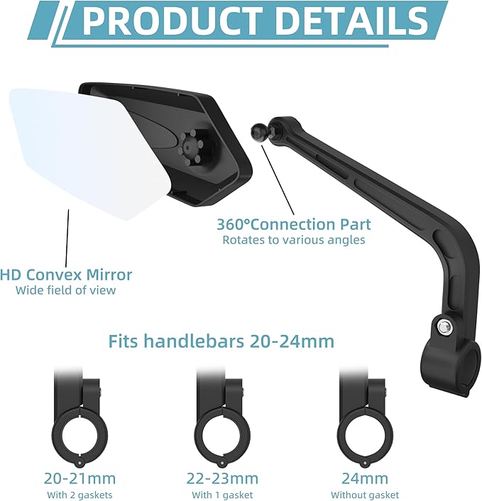 Bicycle Mirror | Bike Mirror Handlebar Mount | 360° Adjustable Scratch Resistant Glass Lens | Bike Universal Fit Accessories