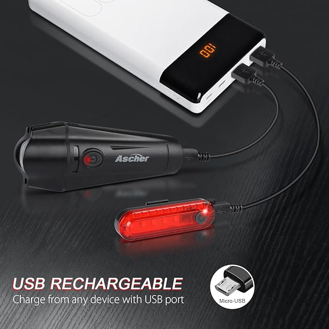 Ascher Ultra Bright USB Rechargeable Bike Light Set, Powerful Bicycle Front Headlight and Back Taillight, 4 Light Modes, Easy to Install for Men Women Kids Road Mountain Cycling Black