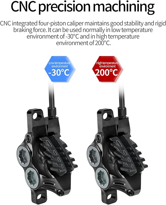MEROCA IIIPRO E4 Hydraulic Disc Brake Set - 4-Piston MTB Brakes, 641N Braking Force, TUV Certified, Lightweight 475g, for Mountain/E-Bike/Folding Bicycles