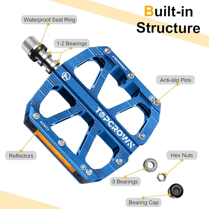 Mountain Bike Pedals with Reflectors, Aluminum Metal Bicycle Flat Pedals 9/16" - 3 Sealed Bearings, Non-Slip Wide Platform with Removable Pins for MTB, Road Bike, BMX, Ebike