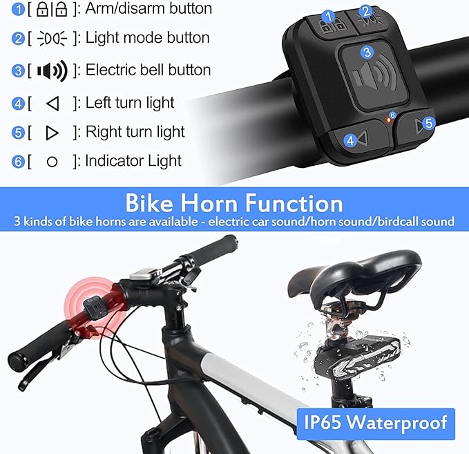 NineLeaf Bike Turn Signals, Turn Signal Kit for Ebike, Bike Turn Signals Front and Rear Auto On/Off Electric Bell Automatic Brake Light Remote Control Rear Light USB Rechargeable IP65 Waterproof