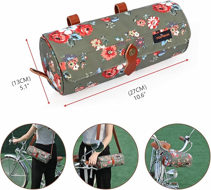 TOURBON Canvas Leather Bike Handlebar Bag with Shoulder Strap, 4.5L Bicycle Top Tube Pouch, Water-resistant Small Saddlebag storage bag for Cycling (Green Flower)