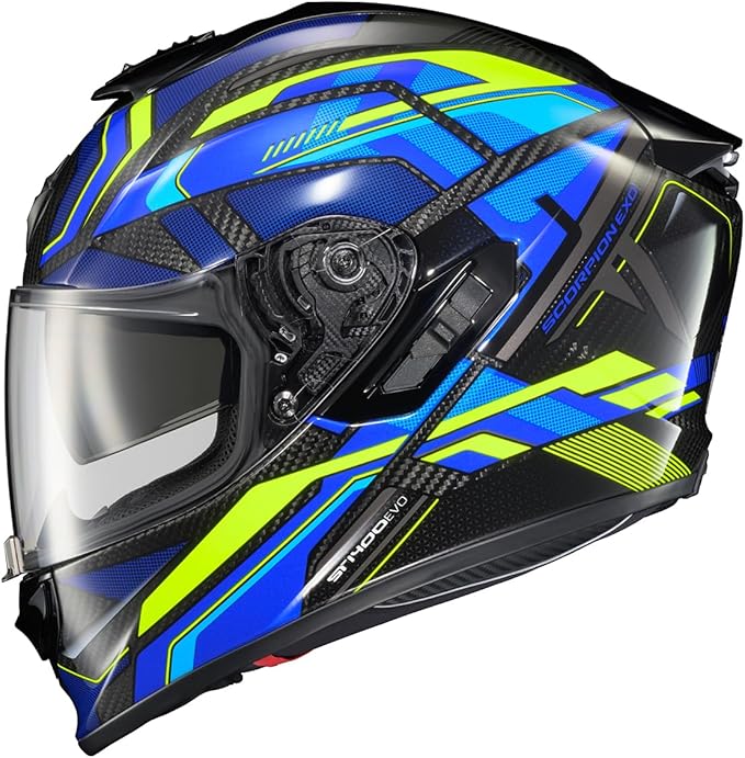 ScorpionEXO ST1400 EVO Carbon Fiber Full Face Sport Touring Street Motorcycle Helmet - Bluetooth Ready Speaker Pockets DOT ECE Hex (Gloss Blue - 2X-Large)