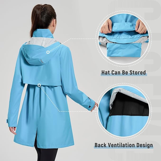 baleaf Women's Long Rain Coat Packable Waterproof Windbreaker Lightweight Cycling Jacket with Hood