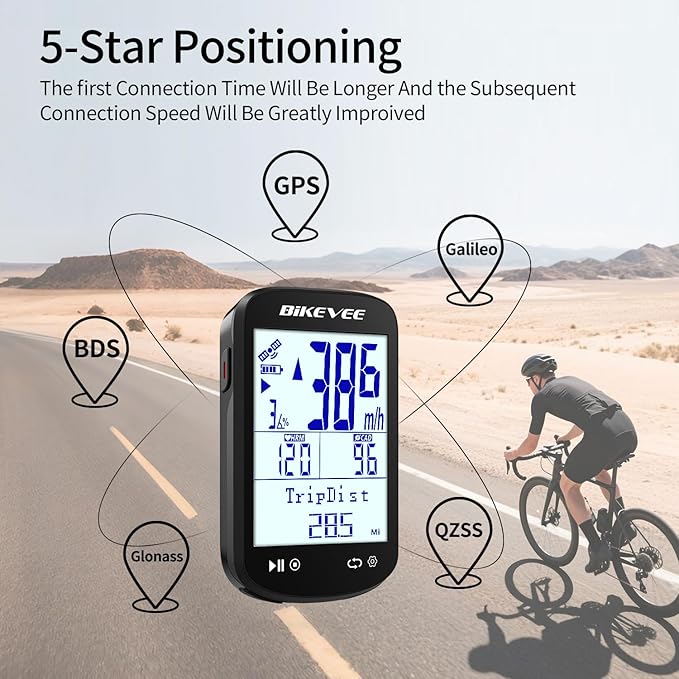 Wireless Bike Computer GPS Bundle, Speedometer & Odometer, Auto Backlight & Auto Stop, IPX7 Waterproof, 2.6" LCD Display