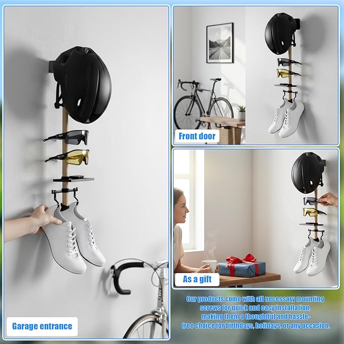 Wall- Mounted Cycling Gear Storage Rack | Holds Helmets, Shoes and Sunglasses | All-in-One Bicycle Accessories Organiser – A Unique Gift for Cyclists