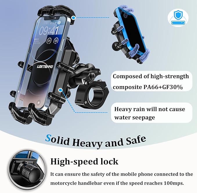Motorcycle Phone Mount-[Triple Vibration Dampener] & [Metal Adjustment Arm]，Motorcycle Cell Phone Holder, Bike Phone Mount for iPhone 17 16 15 Pro Max, 5.4-7.2" Smartphones