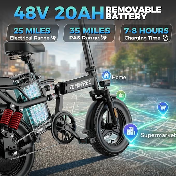 Tomofree 750W Folding Electric Bike, 48V 20AH Removable Battery, 20-25MPH, 14''x 2.1'' Tire, 25-35miles PAS, Front/Full Suspension, 200lbs Load Ebike for Adult, Adult Electric Bicycles for Commute