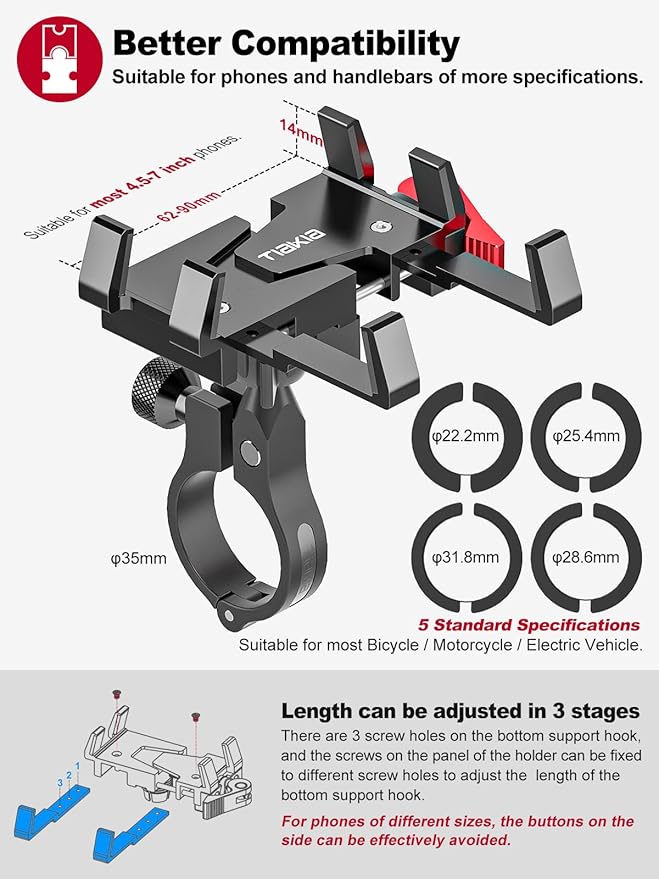 Tiakia Bike Phone Mount Holder, Aluminum Motorcycle Phone Mount, Handlebar Mounted Cell Phone Holder for Bike, 360° Rotation, Universal Bicycle Phone Mount for 4.5-7 Inch Phones