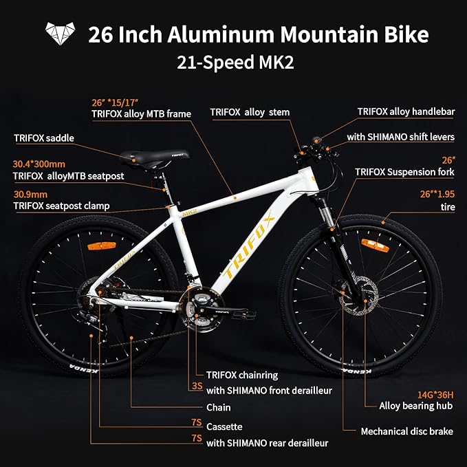 TRIFOX 26 Inch Aluminum Mountain Bike with Shimano 21-Speed,Aircraft-Grade Aluminum Frame,Dual Disc Brakes,15/17 Inch Internal Cable Routing Frame for Men Women Boys Girls