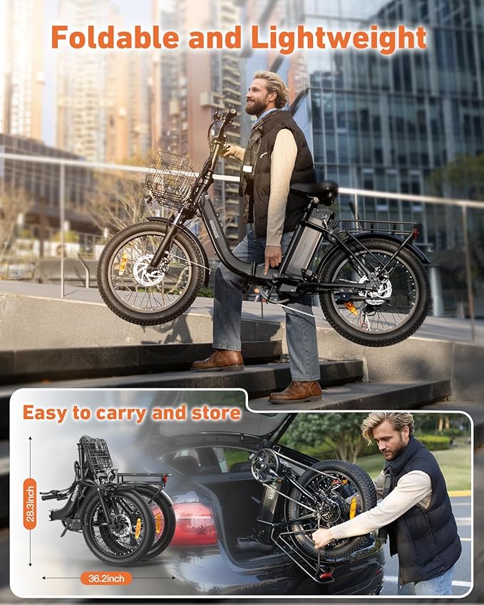 Electric Bike, 1000W Peak Folding Electric Bike, 486Wh 70 Miles Range Ebike, 20" Step-Thru Bicycle with Front Basket, Waterproof Removable Battery, 7 Speed, 25 MPH Max